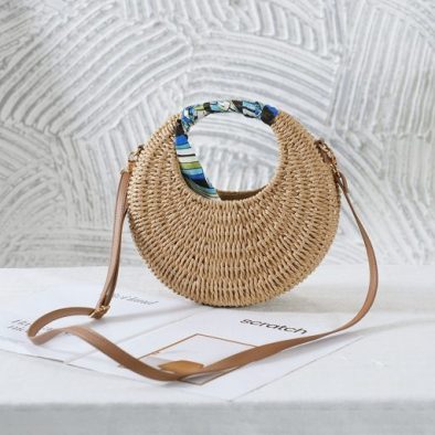 2024 new summer beach grass-weaving oblique cross-weave women’s purse woven women’s purse round bag all-purpose