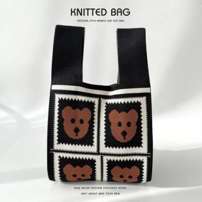 Korean version of small design lattice bear knitted one-shoulder handbag handbags large-capacity tote bag manufacturers wholesale