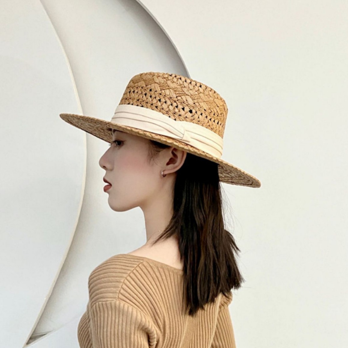 Grass hat women's summer beige sun hat lazy ins style hollow out niche sun protection denim concave top flat brim beach hat