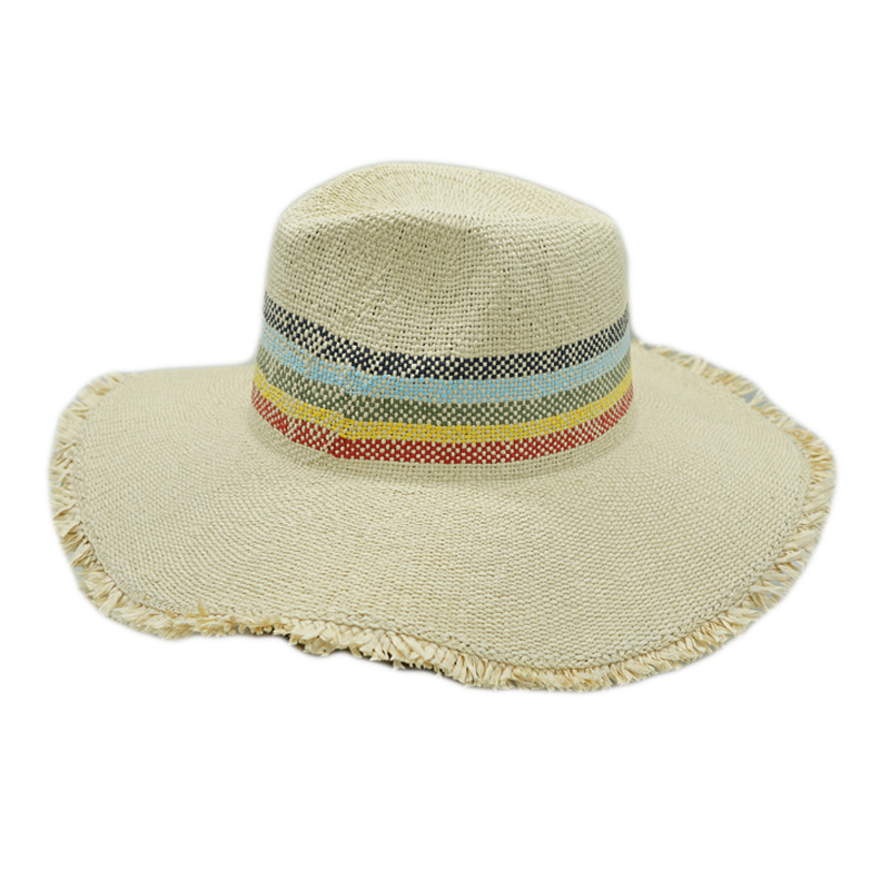 Japanese and Korean version of colored striped fur beard, beige large brimmed jazz top hat, women’s summer sun shading and sun protection beach straw hat