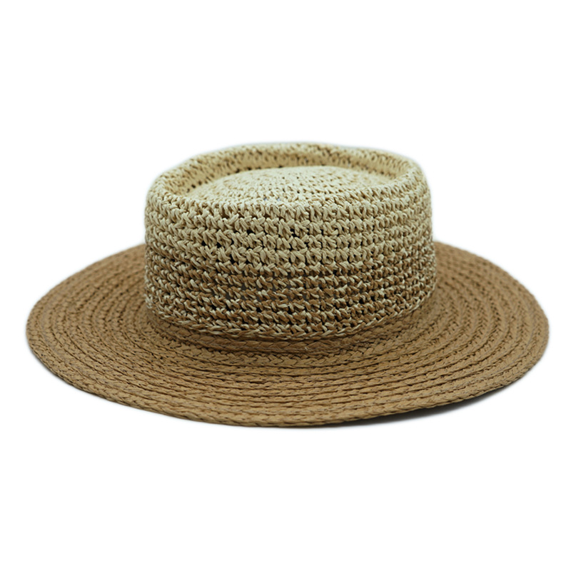 Korean and Japanese woven splicing gradient beige casual flat top hat for men and women, summer sun shading and sun protection beach straw hat