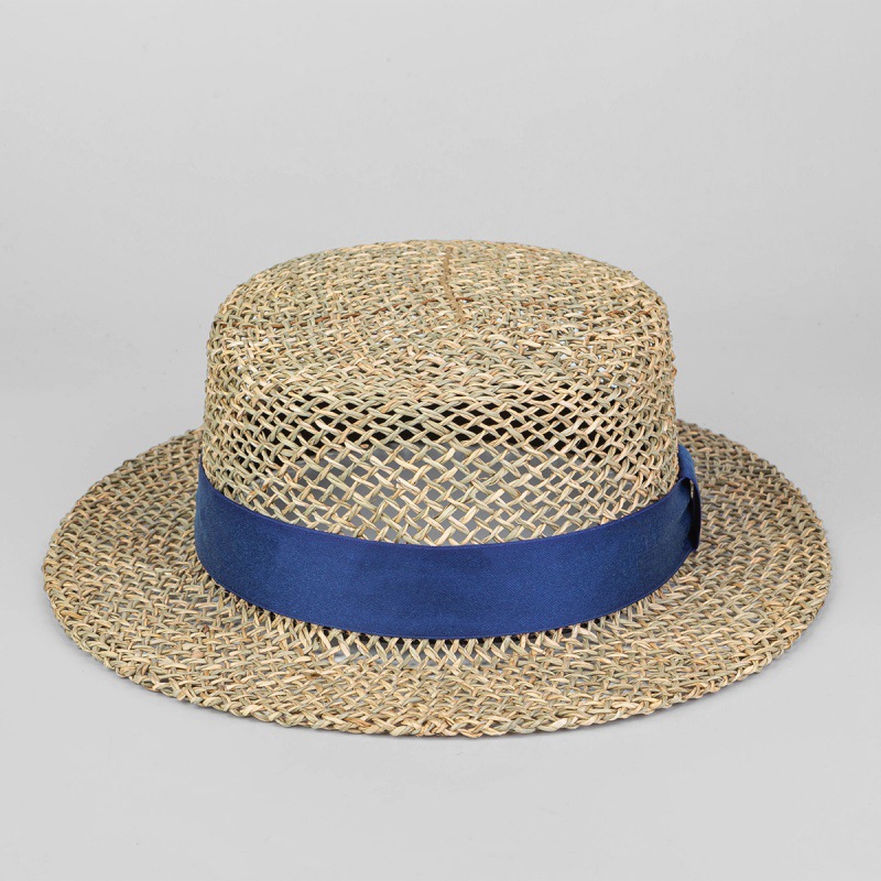 High end gift giving saltwater grass flat top hat, business banquet hat, fashionable and breathable hand woven straw hat