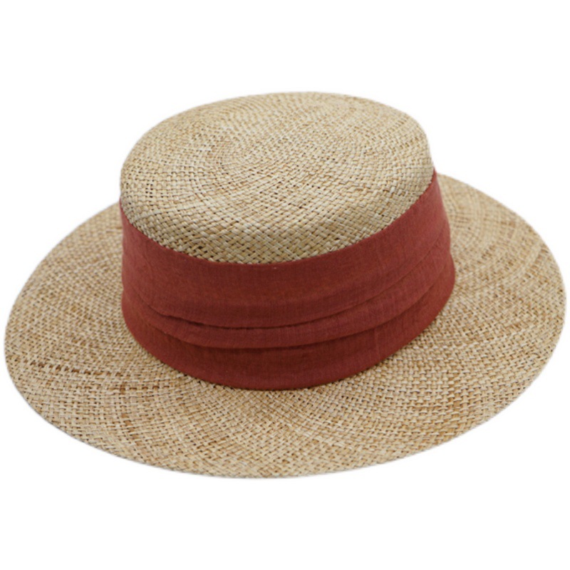 French Elegant Retro Trade Treasure Grass Flat Top Top Hat for Women Summer Sunshade and Sunscreen Beach Vacation Panama Straw Hat