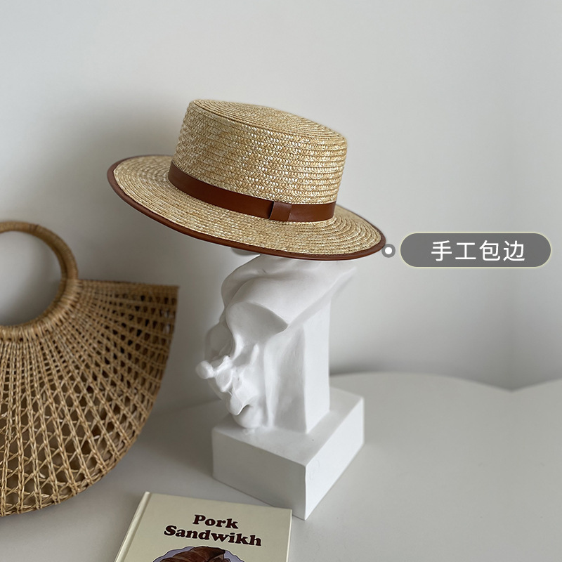 French Small Fragrant Flat Top Straw Hat Women's Summer Beach Vacation Panama Sunshade and Sunscreen Straw Knitted Gift Hat