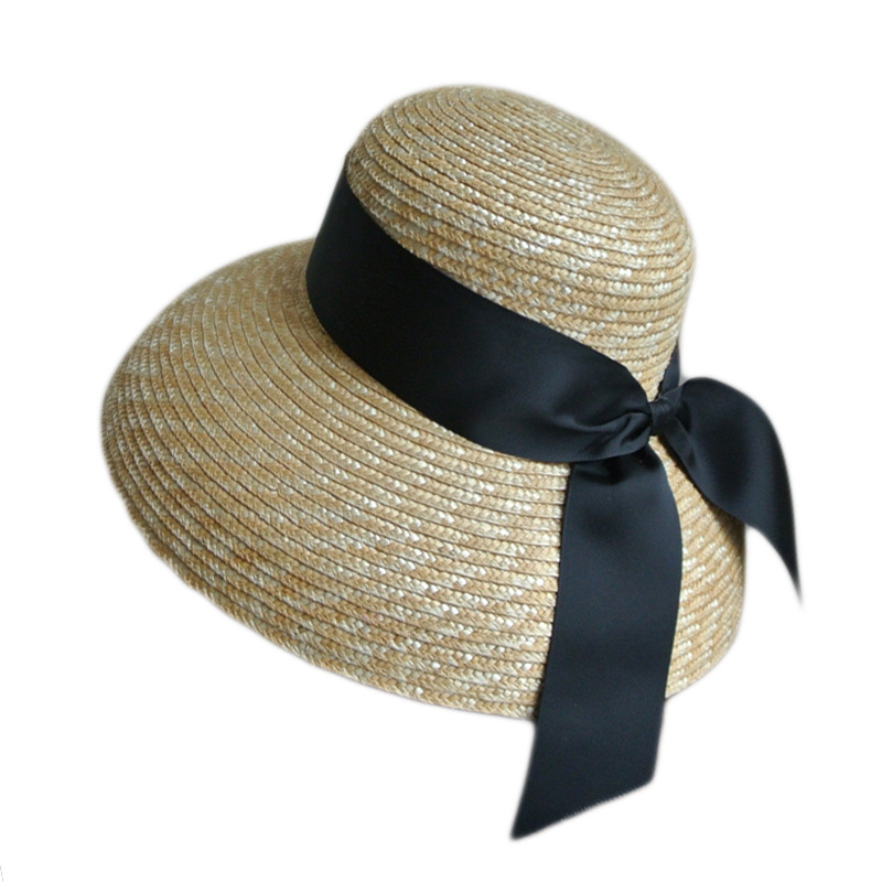 European and American retro Hepburn summer women’s straw big brimmed bell shaped basin hat, top hat, sun shading vacation beach sun hat, straw hat